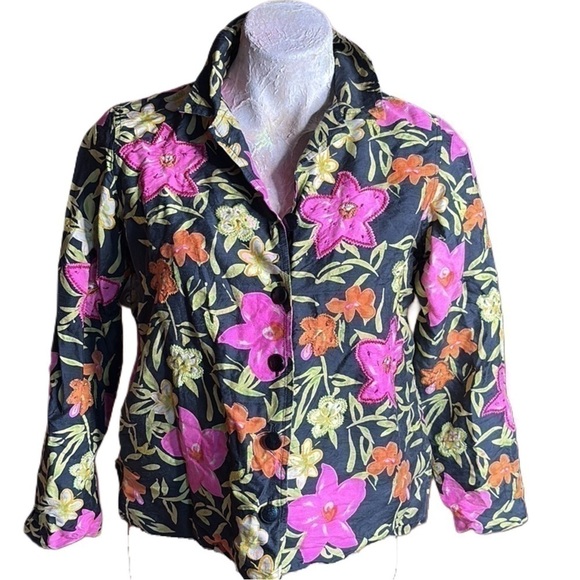 VINTAGE Laura Ashley Petite Silk Floral Blazer Jacket lightweight cropped sz S - Picture 1 of 16